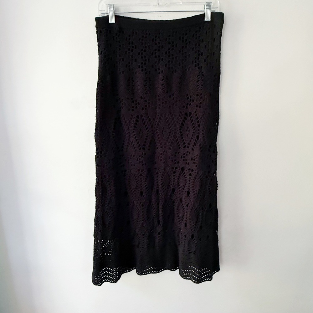 Vintage Crochet Maxi Skirt Women Medium Black Boho Whimsigoth Grunge Fairycore